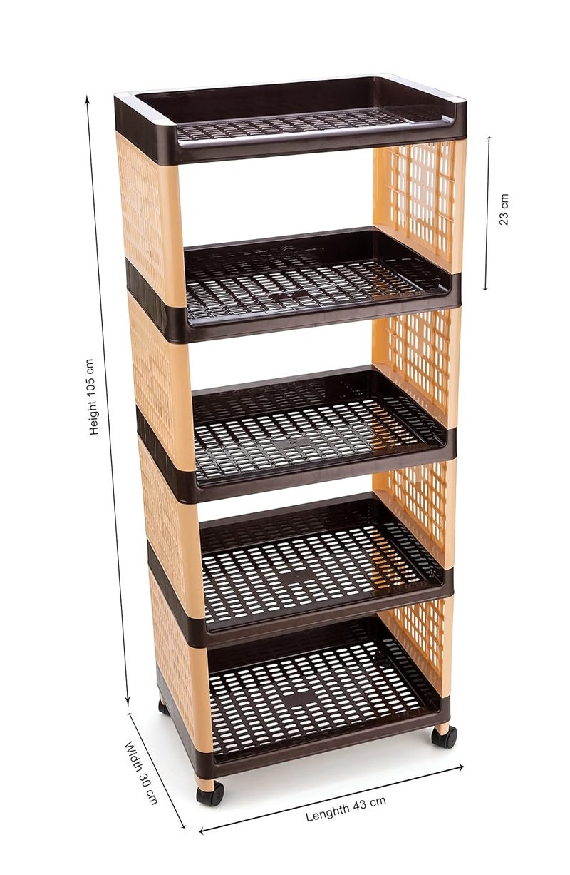 Morbrix 5 Layer Multipurpose Kitchen Trolley with Wheels Space Saving Home Storage Organizer Rack Vegetable Trolley Rack Stand for Home Offic Brown Ivory - Image 3