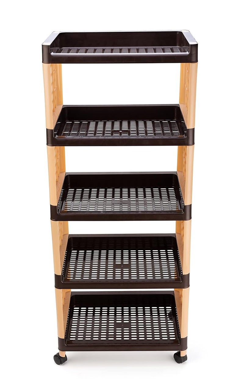 Morbrix 5 Layer Multipurpose Kitchen Trolley with Wheels Space Saving Home Storage Organizer Rack Vegetable Trolley Rack Stand for Home Offic Brown Ivory - Image 2