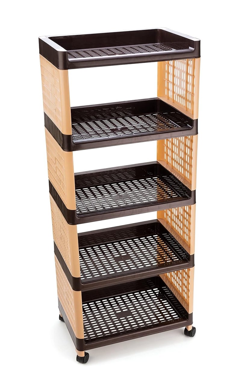 Morbrix 5 Layer Multipurpose Kitchen Trolley with Wheels Space Saving Home Storage Organizer Rack Vegetable Trolley Rack Stand for Home Offic Brown Ivory - Image 1