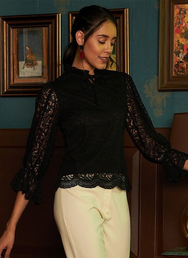 Athena Black Tie-Up Neck Lace Top for Women - Image 1