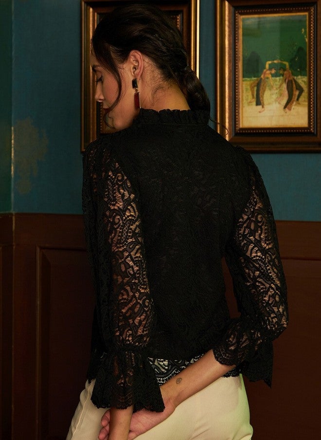 Athena Black Tie-Up Neck Lace Top for Women - Image 4