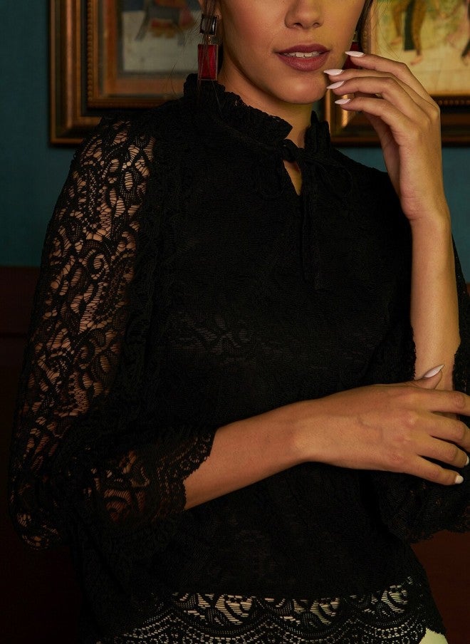 Athena Black Tie-Up Neck Lace Top for Women - Image 2