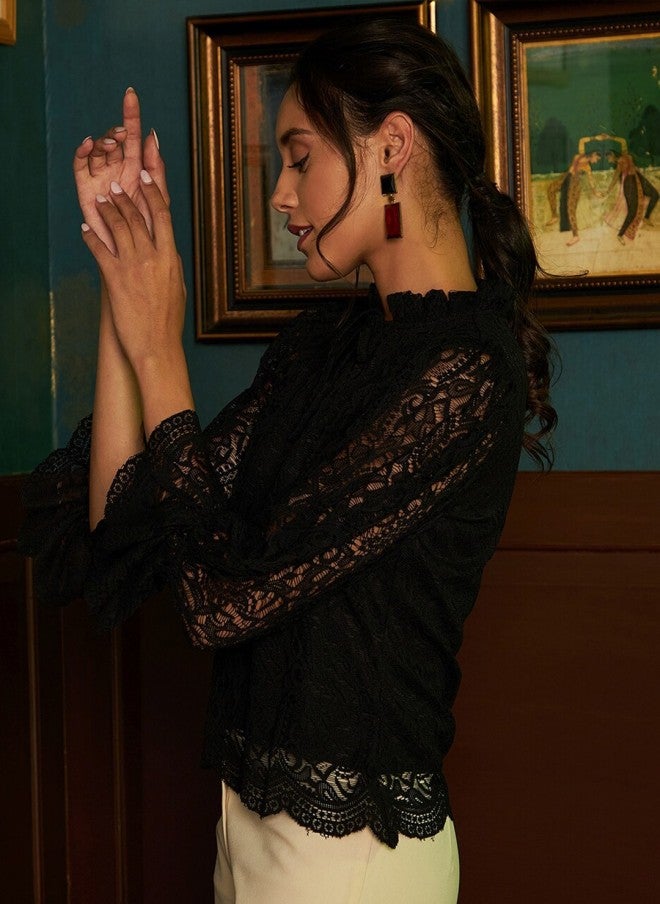 Athena Black Tie-Up Neck Lace Top for Women - Image 3