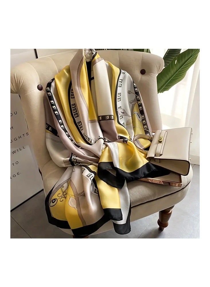 Zeemey Women's fashionable yellow and gray color matching geometric pattern silk scarf, with geometric and floral elements, smooth texture, 90*180cm large size can be used as a scarf, shawl, enhance the style of wearing - Image 2