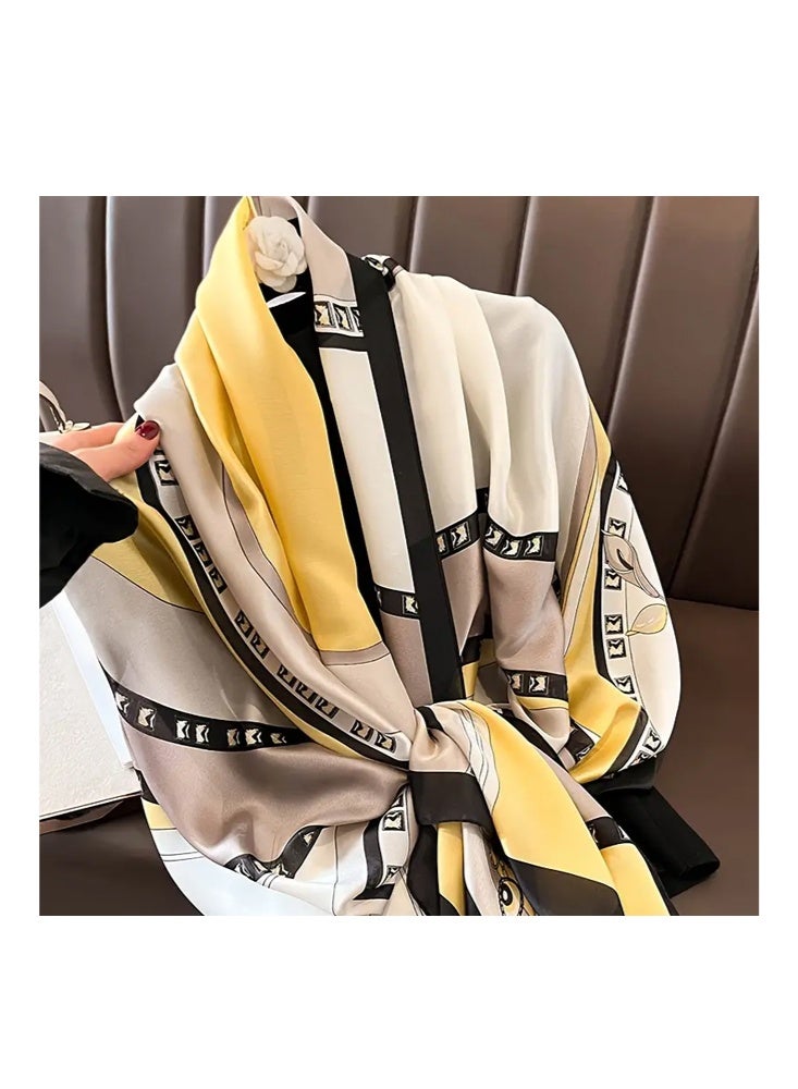 Zeemey Women's fashionable yellow and gray color matching geometric pattern silk scarf, with geometric and floral elements, smooth texture, 90*180cm large size can be used as a scarf, shawl, enhance the style of wearing - Image 3