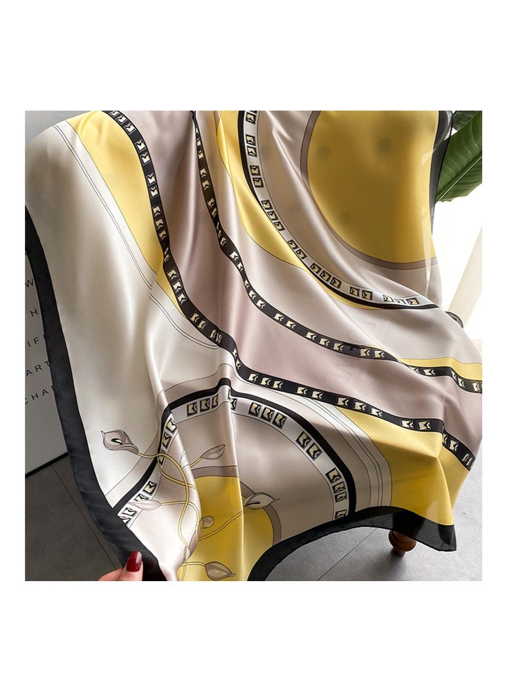 Zeemey Women's fashionable yellow and gray color matching geometric pattern silk scarf, with geometric and floral elements, smooth texture, 90*180cm large size can be used as a scarf, shawl, enhance the style of wearing - Image 4
