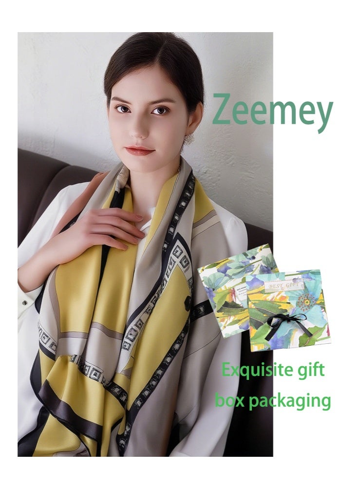 Zeemey Women's fashionable yellow and gray color matching geometric pattern silk scarf, with geometric and floral elements, smooth texture, 90*180cm large size can be used as a scarf, shawl, enhance the style of wearing - Image 1