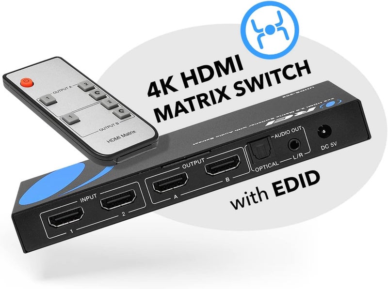 OREI 4K HDMI Matrix Switch 2 X 2 by Switcher 18G UltraHD Supports Upto 4K @ 60Hz & 1080P IR EDID HDCP 2.- Remote Control (UHDS-202) - Image 2