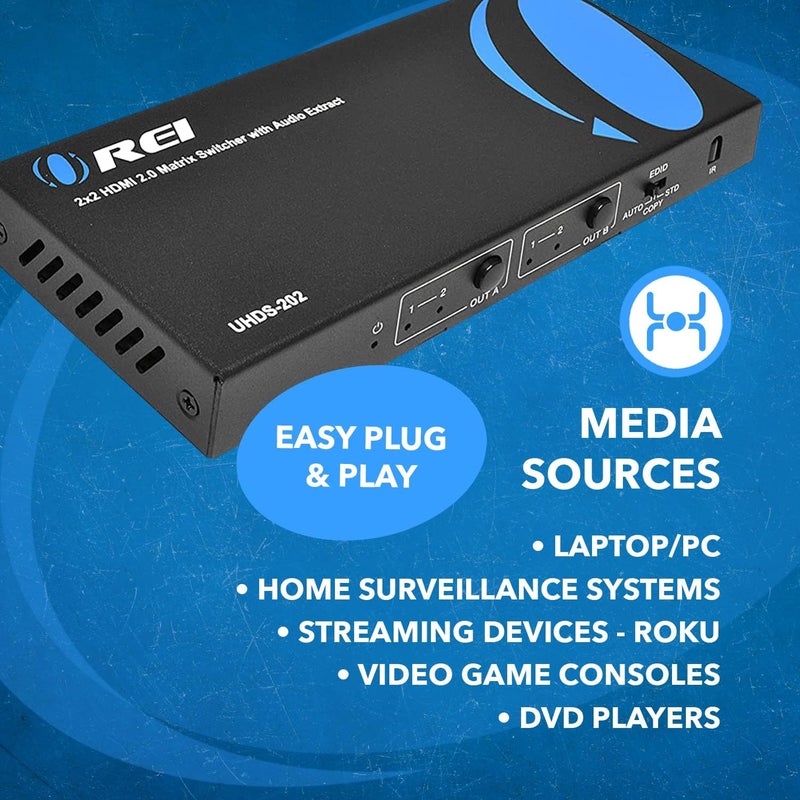OREI 4K HDMI Matrix Switch 2 X 2 by Switcher 18G UltraHD Supports Upto 4K @ 60Hz & 1080P IR EDID HDCP 2.- Remote Control (UHDS-202) - Image 4