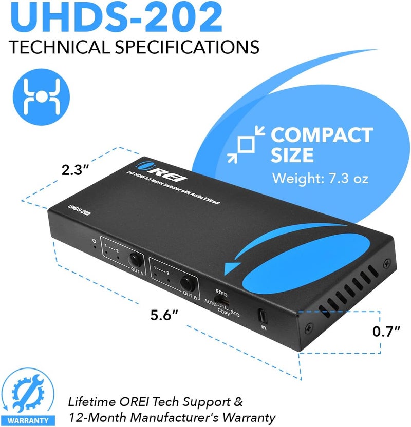 OREI 4K HDMI Matrix Switch 2 X 2 by Switcher 18G UltraHD Supports Upto 4K @ 60Hz & 1080P IR EDID HDCP 2.- Remote Control (UHDS-202) - Image 5