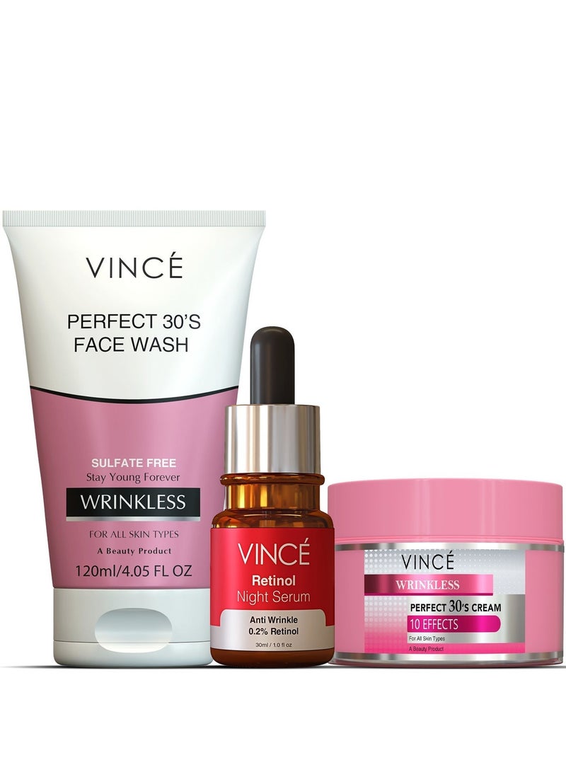 فينس مجموعة مكافحة الشيخوخة - كريم Perfect 30 سعة 50 مل + مصل الريتينول سعة 30 مل + غسول الوجه سعة 120 مل - يقلل التجاعيد والخطوط الدقيقة - يعزز الكولاجين ويشد البشرة ويضفي عليها إشراقة شبابية - خالٍ من البارابين