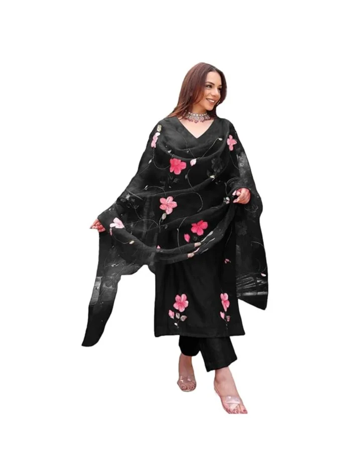 جو سريكي مزيج من GoSriKi نسائي من الرايون بطباعة كورتا مستقيمة مع بنطال ودوباتا (ROKA أسود-GS_3XL_Black_XXX-كبير)