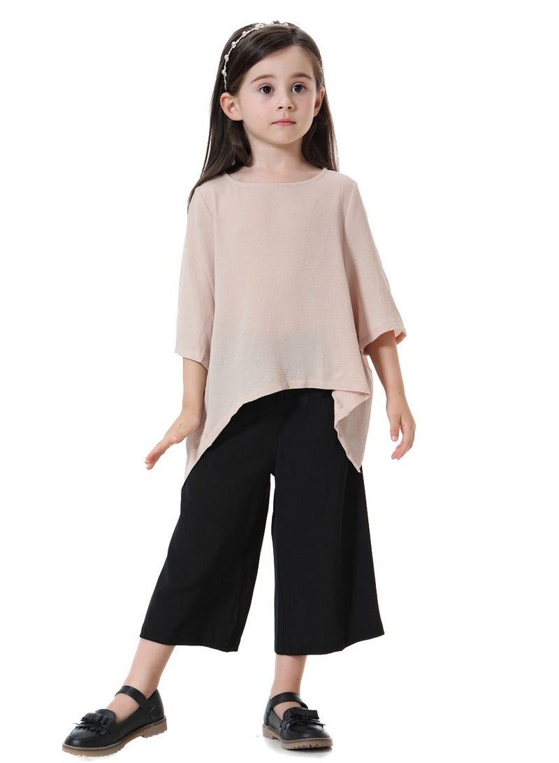 Loquat Girl's 2-Piece Set Outfit Round Neck Top And Loose Cropped Pants Suit Beige/Black  - Image 1