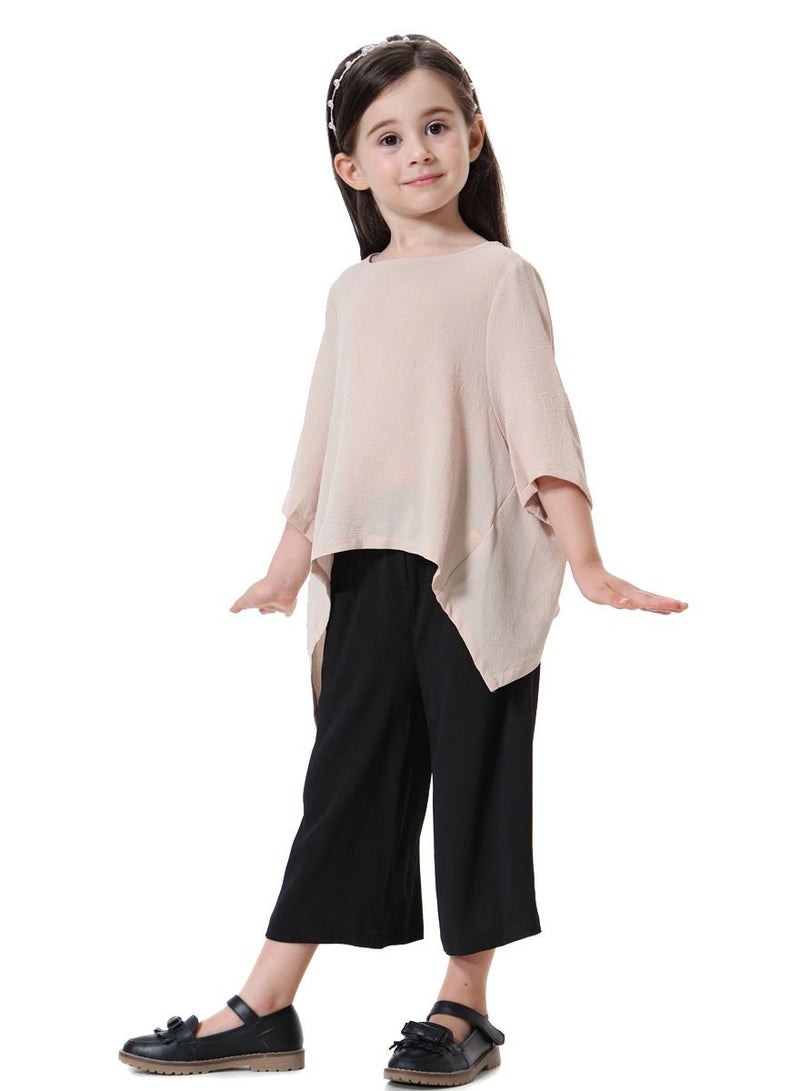 Loquat Girl's 2-Piece Set Outfit Round Neck Top And Loose Cropped Pants Suit Beige/Black  - Image 2