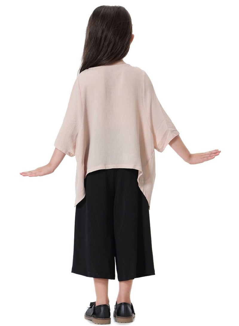 Loquat Girl's 2-Piece Set Outfit Round Neck Top And Loose Cropped Pants Suit Beige/Black  - Image 3