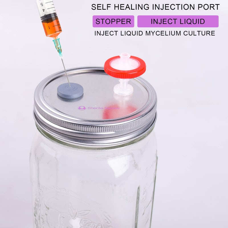 eleganttime 6Pcs Wide Mouth Mushroom Liquid Culture Lid,Split-type Mason Jar Lid with 0.22um PTFE Syringe Filter & 20mm Self Healing Ports For Mushroom(Silver) - Image 4