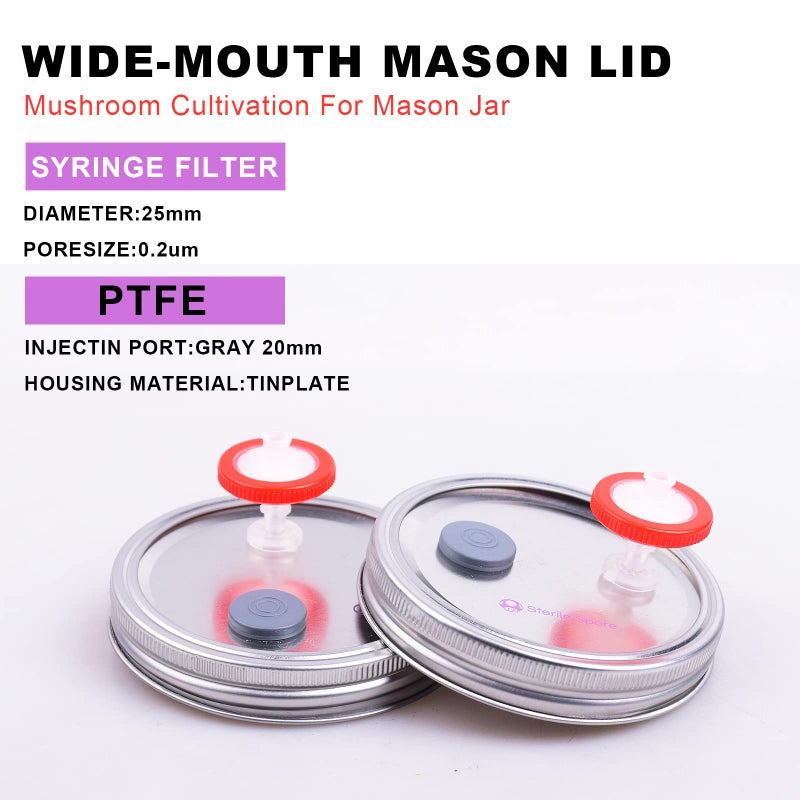 eleganttime 6Pcs Wide Mouth Mushroom Liquid Culture Lid,Split-type Mason Jar Lid with 0.22um PTFE Syringe Filter & 20mm Self Healing Ports For Mushroom(Silver) - Image 3