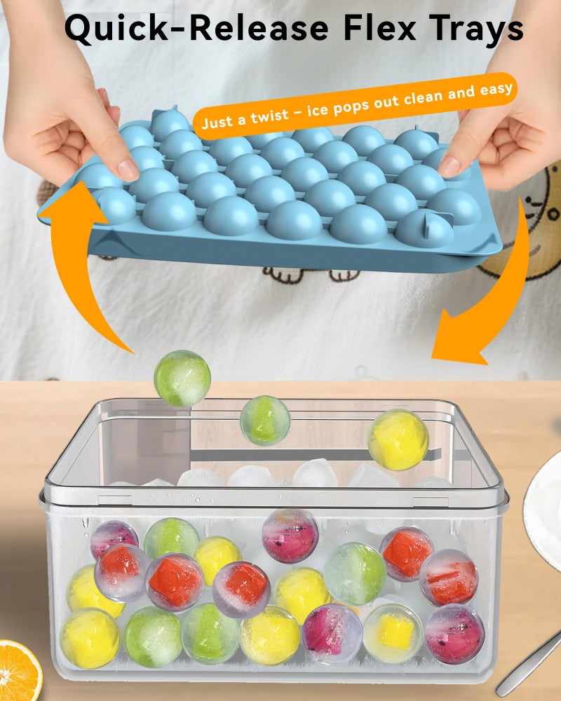 Yomeixte Ice Cube Trays with Lid and Bin, BPA-Free Mini 0.75 Inch Sphere Ice Molds, 2-Pack Small Round Ice Ball Trays, Easy Release, Includes Scoop & Ice Storage Box for Cocktails, Coffee - Image 3