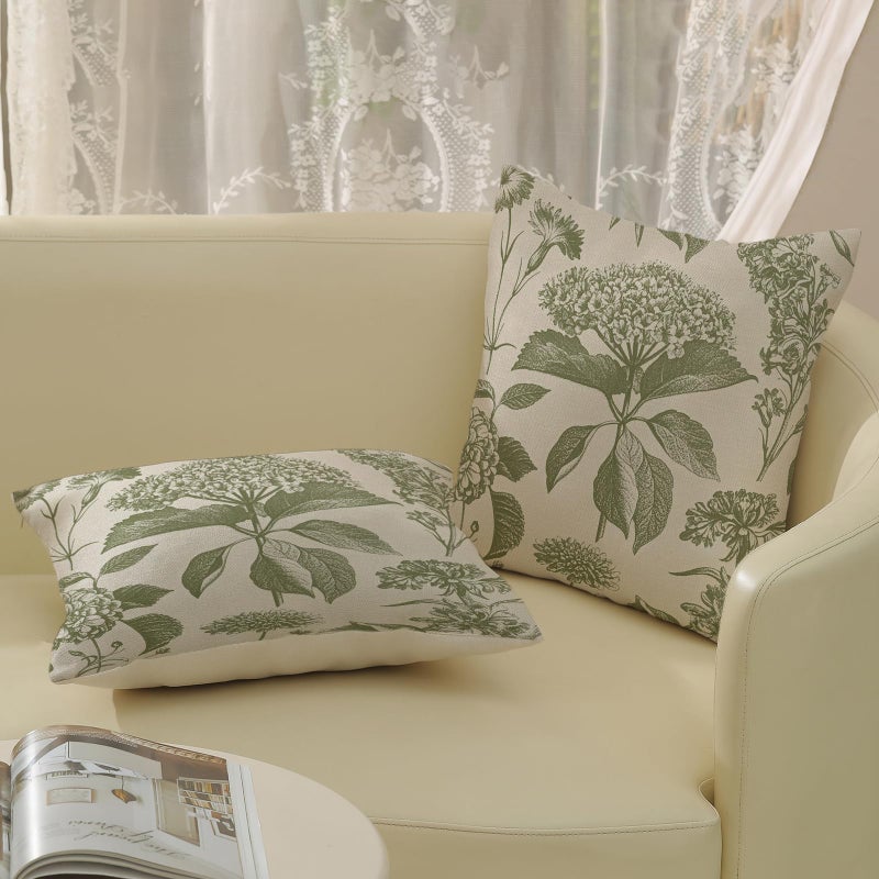 DAFENA Sage Green Pillow Covers 18x18 Inch 2 Pcs Boho Vintage Floral Decor Throw Pillows Hydrangea Flower Seasonal Outdoor Farmhouse Neutral Accent Decoration Pillowcase Linen Cushion Cover for Sofa - Image 4