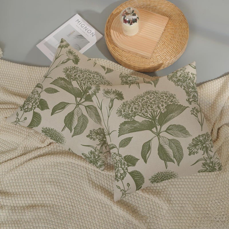 DAFENA Sage Green Pillow Covers 18x18 Inch 2 Pcs Boho Vintage Floral Decor Throw Pillows Hydrangea Flower Seasonal Outdoor Farmhouse Neutral Accent Decoration Pillowcase Linen Cushion Cover for Sofa - Image 5
