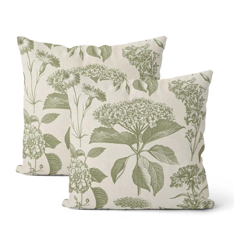 DAFENA Sage Green Pillow Covers 18x18 Inch 2 Pcs Boho Vintage Floral Decor Throw Pillows Hydrangea Flower Seasonal Outdoor Farmhouse Neutral Accent Decoration Pillowcase Linen Cushion Cover for Sofa - Image 1