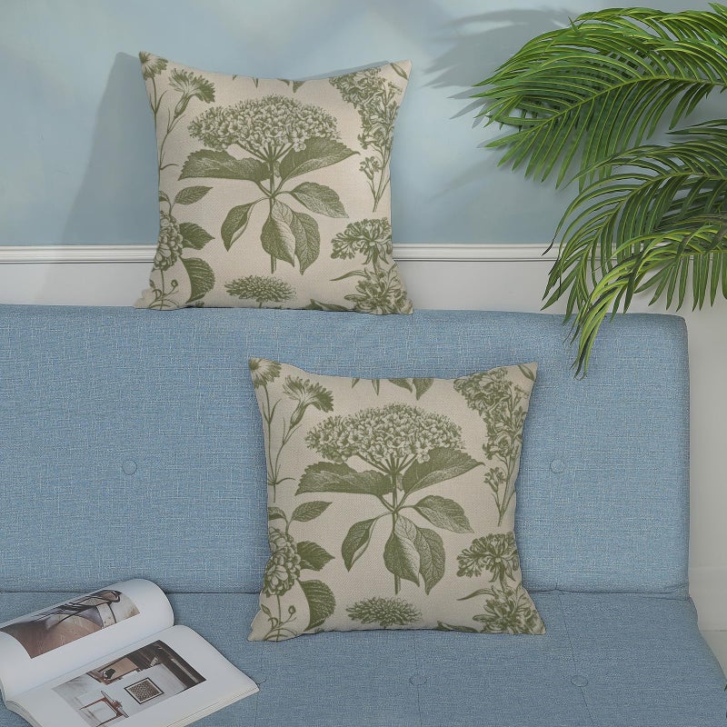 DAFENA Sage Green Pillow Covers 18x18 Inch 2 Pcs Boho Vintage Floral Decor Throw Pillows Hydrangea Flower Seasonal Outdoor Farmhouse Neutral Accent Decoration Pillowcase Linen Cushion Cover for Sofa - Image 3