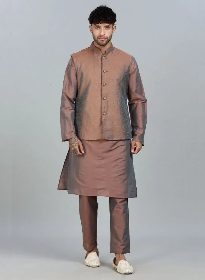أبهشتي Brown Kurta Pant with Woven Design Bandi Set
