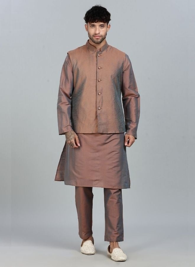 Abhishti Brown Kurta Pant with Woven Design Bandi Set - Image 1