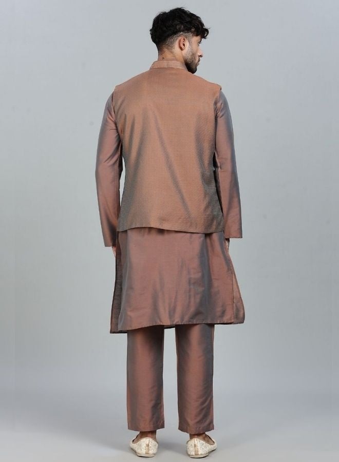 Abhishti Brown Kurta Pant with Woven Design Bandi Set - Image 5