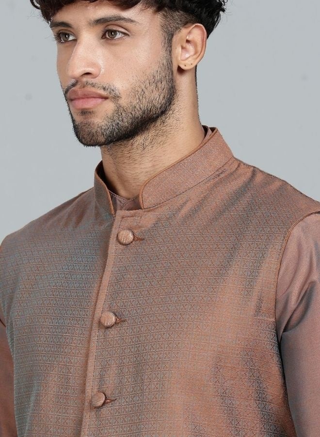 Abhishti Brown Kurta Pant with Woven Design Bandi Set - Image 2