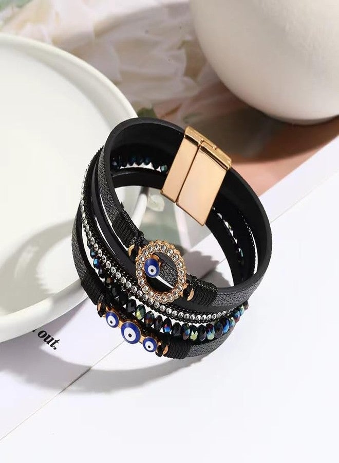 KunBead Sparkly Evil Eye Black Leather Wrap Bracelets for Women Handmade Braided Boho Multilayer Bracelet Wristband Cuff Bangle - Image 2