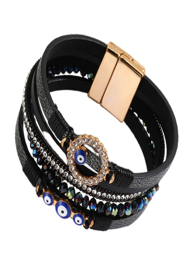 KunBead Sparkly Evil Eye Black Leather Wrap Bracelets for Women Handmade Braided Boho Multilayer Bracelet Wristband Cuff Bangle - Image 1