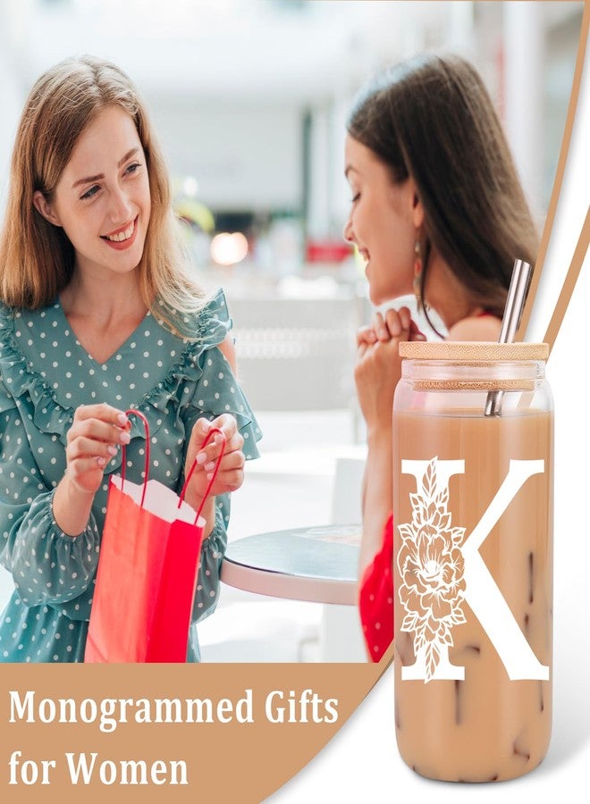 Coolife Initial Glass Cup, Monogrammed Gifts for Women, 16 oz Glass Cups w/Lids Straws, Iced Coffee Smoothie Beer Tumbler w/Straw Lid - Personalized Christmas, Birthday Gifts for Her Mom Friend Woman - Image 3