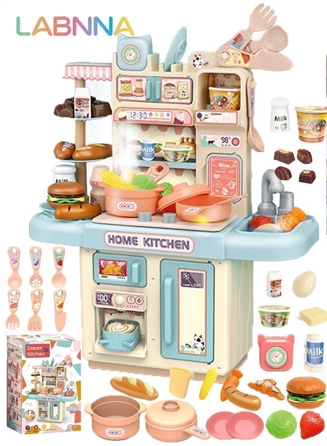 LABNNA Kids Kitchen Play Set,Interactive Kids Kitchen Play Set with 34 Pcs of Pretend Kitchen Toys,Realistic Spray and Light, Simulated Functionality Suitable for Toddlers Boys Girls, Kids, Children, Blue - Image 1