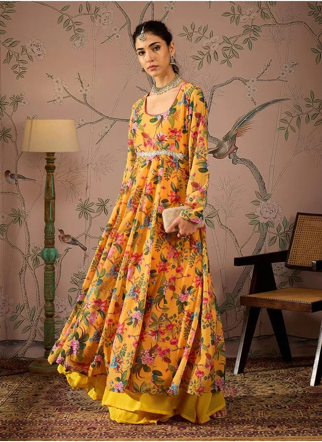 SASSAFRAS Floral Print Round Neck Anarkali Kurta