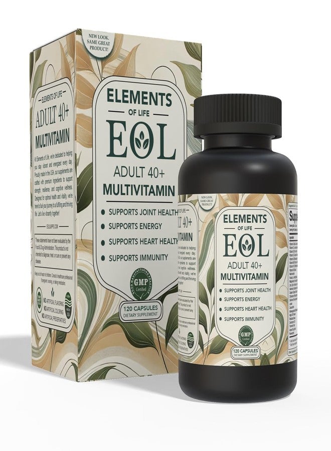 Elements of LIfe 40 بلس فيتامينات متعددة للنساء والرجال مع فيتامينات أ، د، ب6، ب12، هـ، زنك، مغنيسيوم، كالسيوم - نباتي، خالٍ من الغلوتين، فيتامينات متعددة للرجال والنساء، يدعم الطاقة، المناعة، صحة المفاصل والقلب (120 كبسولة) - Image 1