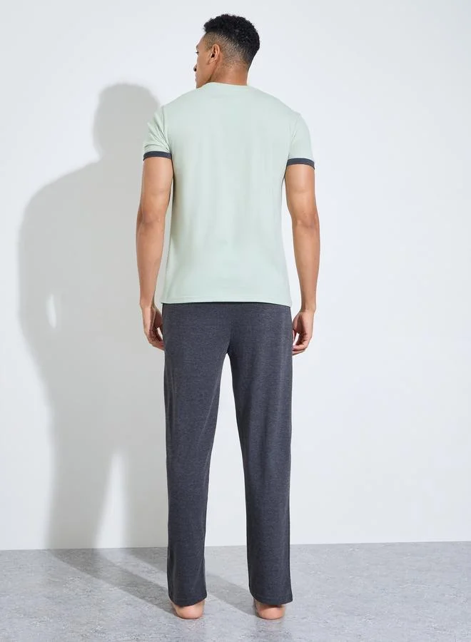 Styli  Multi-Color Solid Relaxed Fit T-Shirt and Straight Leg Pants Pyjama Set for Men | Best Price UAE