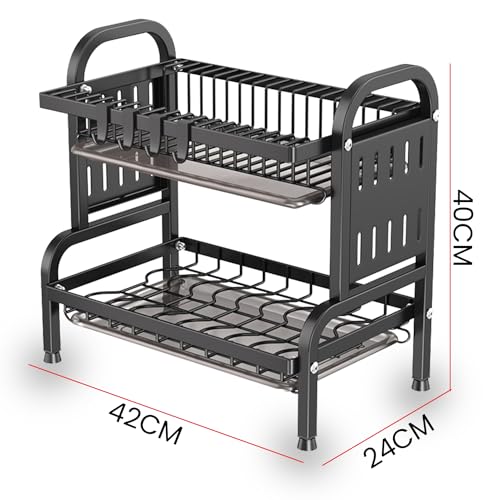 IBELL Carbon Steel DR242 Dish Drying Rack, 2-Tier Bartan Stand/Drainer Shelf/Kitchen Organizer/Counter for Utensils Storage (Black), 42x24x40 cm - Image 4
