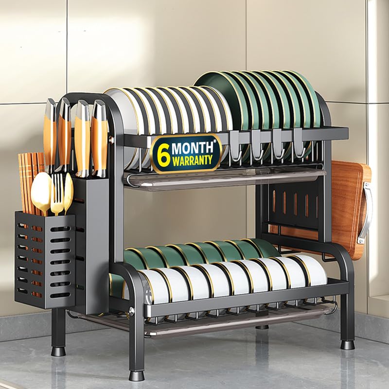 IBELL Carbon Steel DR242 Dish Drying Rack, 2-Tier Bartan Stand/Drainer Shelf/Kitchen Organizer/Counter for Utensils Storage (Black), 42x24x40 cm - Image 1