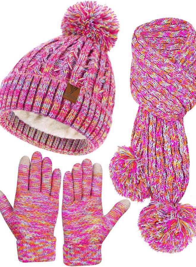 Yafeite Kids Winter Hat Gloves Scarf Set, Girls Boys Toddler Winter Hat Beanie Pom Knitted Scarves Mittens Fleece Lined Age 5-12, Rainbow, Toddler - Image 1
