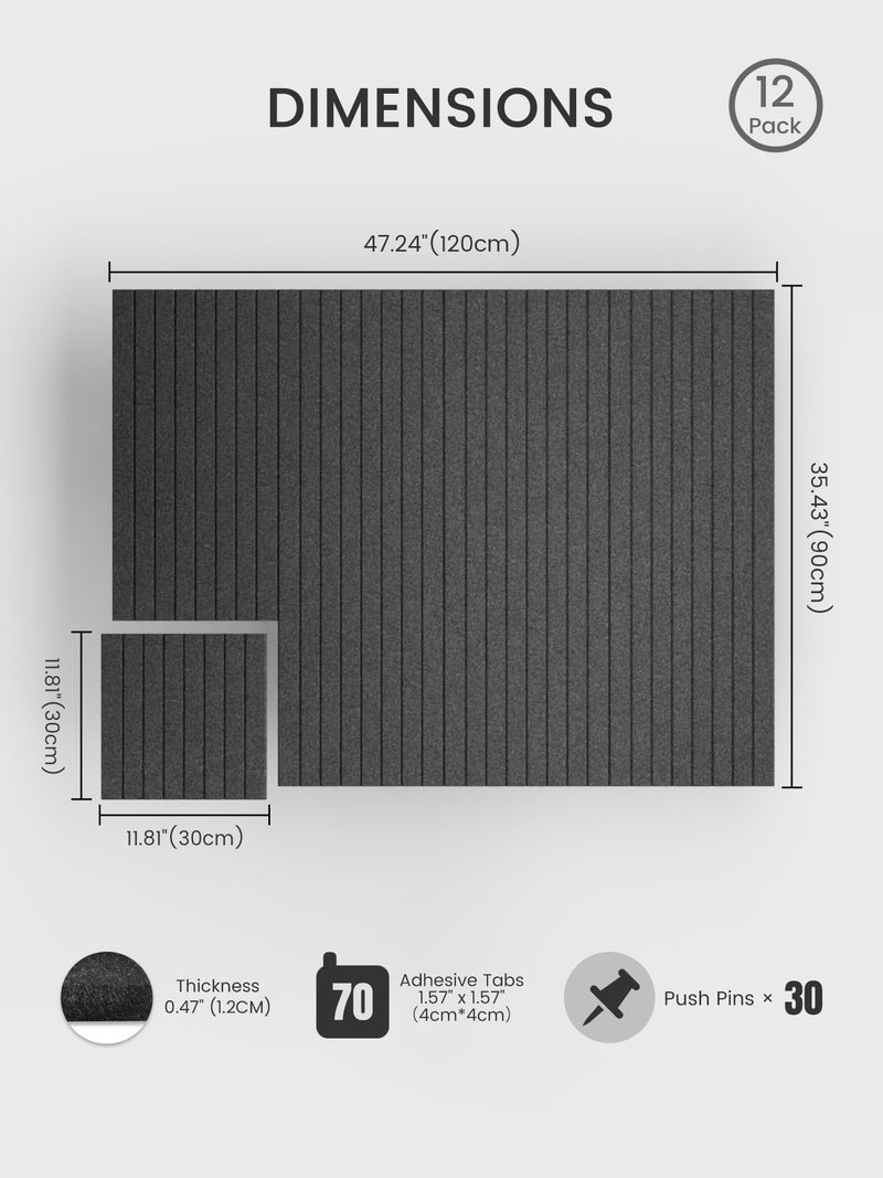 Bumusty Large Cork Board Alternative-48 x 36" Felt Bulletin Board Tiles, with 30 Pushpins, 70 Adhesive Tabs, 12-Pack Slat Wall Paneling, Cork Boards for Office Push Pin Board Felt Board-Charcoal Gray - Image 2