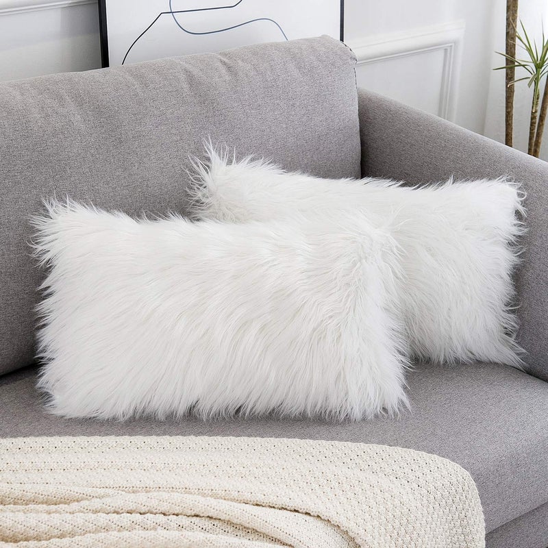 WLNUI Set of 2 White Christmas Decorative Lumbar Fluffy Pillow Covers New Luxury Series Merino Style Faux Fur Throw Pillow Covers Fuzzy Cushion Case for Sofa Bedroom Living Room Home Decor 12x20 Inch