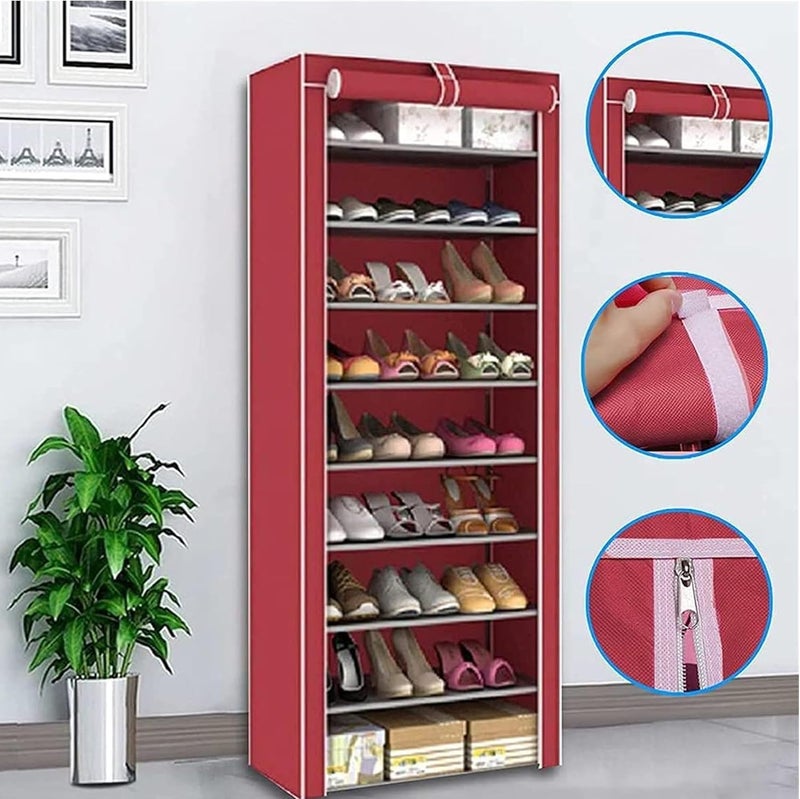 Sulfar 10 Tiers Shoe Cabinet,Shoe Rack Storage Box for 27 Pairs, Foldable Shoe Rack, Foldable Shoes Organizer Cover, Shoe Cover Rack, Portable Shoe Storage Cabinet (Red) - Image 3