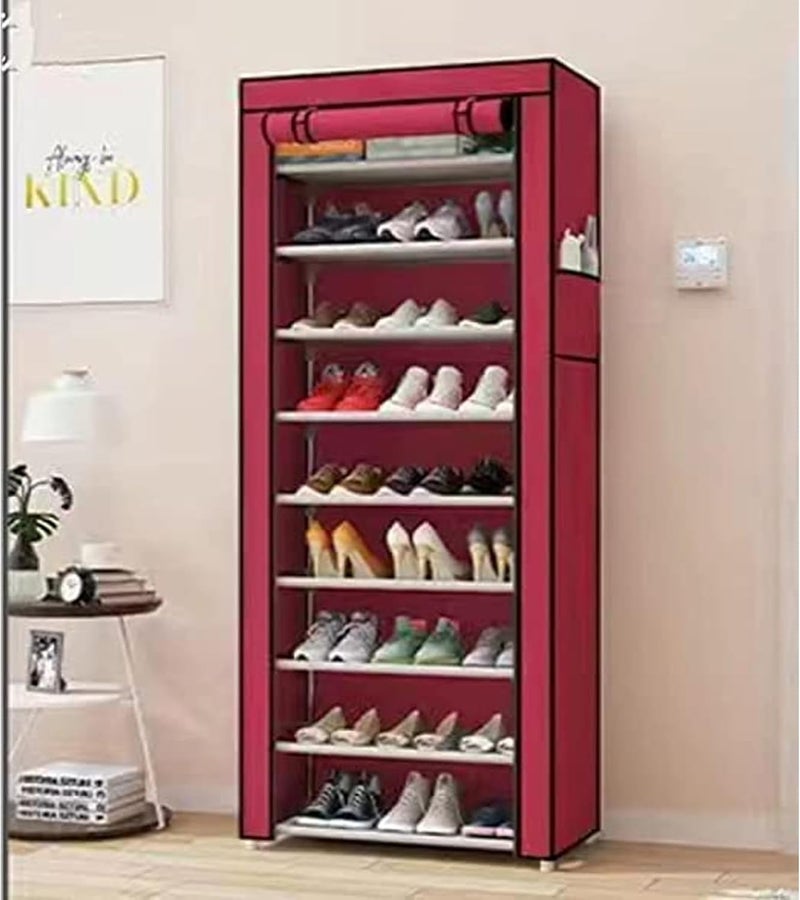 Sulfar 10 Tiers Shoe Cabinet,Shoe Rack Storage Box for 27 Pairs, Foldable Shoe Rack, Foldable Shoes Organizer Cover, Shoe Cover Rack, Portable Shoe Storage Cabinet (Red) - Image 1