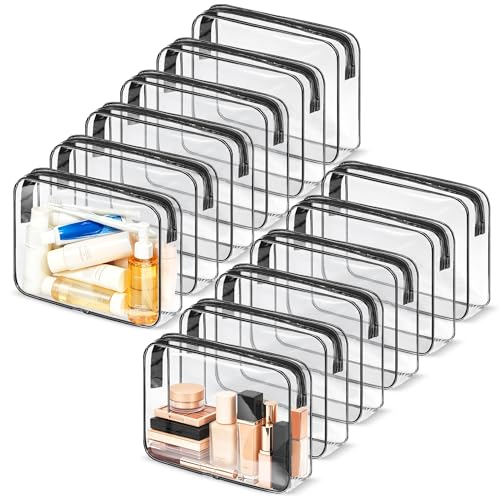 Eilyliafe 12 Pcs Clear Cosmetic Bag PVC Waterproof Zippered Clear Toiletry Carry Pouch Cosmetic Makeup Bag for Women Men Vinyl Plastic Organizer Case for Vacation Bathroom Large Black - Image 1