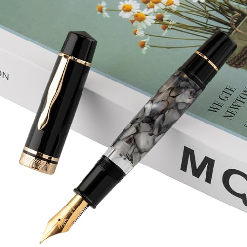 erofa Majohn P139 Piston Fountain Pen No.8 Fine Nib with Box, Gray Marble Acrylic Large Capacity Writing Pen - Image 1