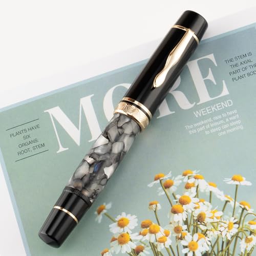 erofa Majohn P139 Piston Fountain Pen No.8 Fine Nib with Box, Gray Marble Acrylic Large Capacity Writing Pen - Image 2