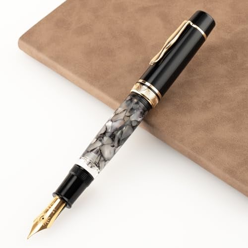 erofa Majohn P139 Piston Fountain Pen No.8 Fine Nib with Box, Gray Marble Acrylic Large Capacity Writing Pen - Image 3