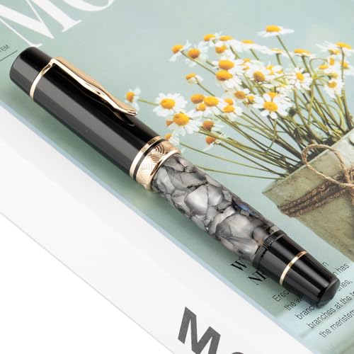 erofa Majohn P139 Piston Fountain Pen No.8 Fine Nib with Box, Gray Marble Acrylic Large Capacity Writing Pen - Image 5