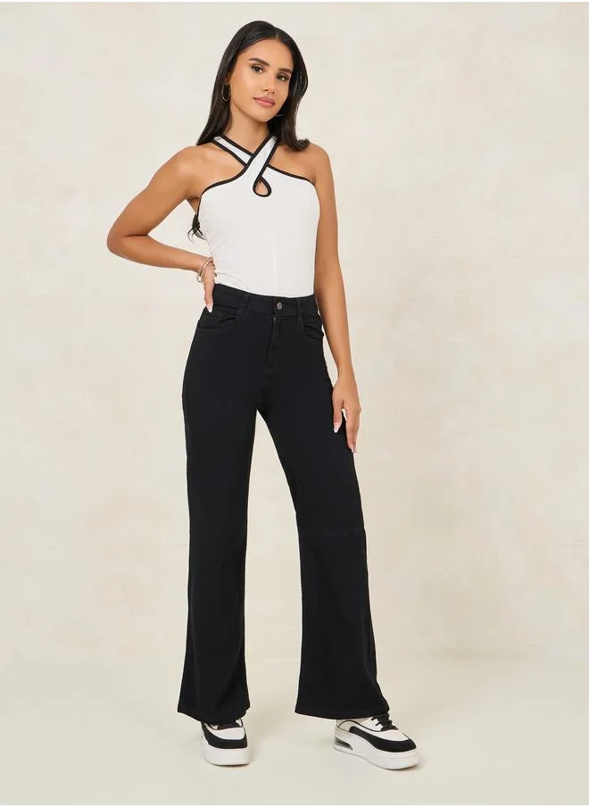 Styli Solid Wide Leg Jeans with Pockets